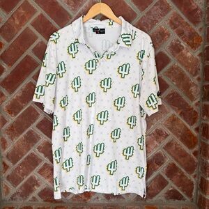 Yatta Golf Mens Large White AOP Cactus Performance Stretch Polo Short Sleeve